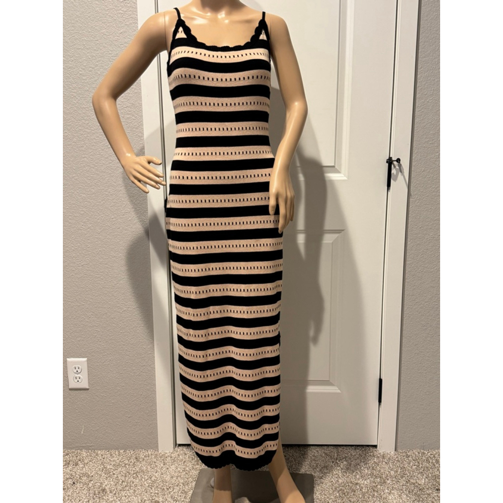 Women's Fashion Black & Beige Striped Maxi Sun Dress L Scalloped Edges
